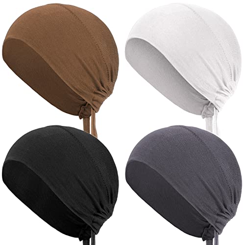 4 Pieces Women Hijab Caps Underscarf Turban Caps Skull Caps Soft Beanie Sleep Hats for Long Hair Men Women (Black, White, Grey, Brown)