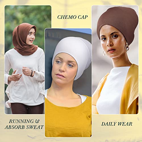 4 Pieces Women Hijab Caps Underscarf Turban Caps Skull Caps Soft Beanie Sleep Hats for Long Hair Men Women (Black, White, Grey, Brown)