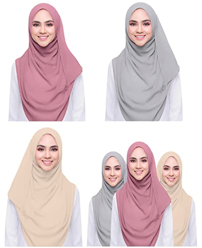 QYMY 3PCS Women Soft Chiffon Scarves Solid Color Hijab Muslim Head Scarf Long Scarf Wrap Scarves chiffon Scarf (Beige+Grey+Red bean powder)