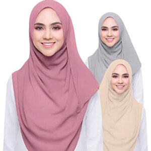 QYMY 3PCS Women Soft Chiffon Scarves Solid Color Hijab Muslim Head Scarf Long Scarf Wrap Scarves chiffon Scarf (Beige+Grey+Red bean powder)