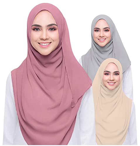 QYMY 3PCS Women Soft Chiffon Scarves Solid Color Hijab Muslim Head Scarf Long Scarf Wrap Scarves chiffon Scarf (Beige+Grey+Red bean powder)