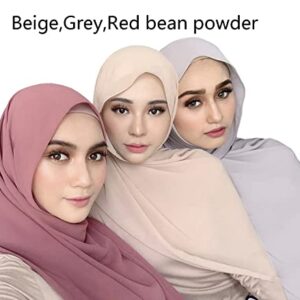 QYMY 3PCS Women Soft Chiffon Scarves Solid Color Hijab Muslim Head Scarf Long Scarf Wrap Scarves chiffon Scarf (Beige+Grey+Red bean powder)