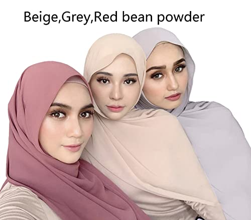 QYMY 3PCS Women Soft Chiffon Scarves Solid Color Hijab Muslim Head Scarf Long Scarf Wrap Scarves chiffon Scarf (Beige+Grey+Red bean powder)