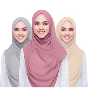 QYMY 3PCS Women Soft Chiffon Scarves Solid Color Hijab Muslim Head Scarf Long Scarf Wrap Scarves chiffon Scarf (Beige+Grey+Red bean powder)