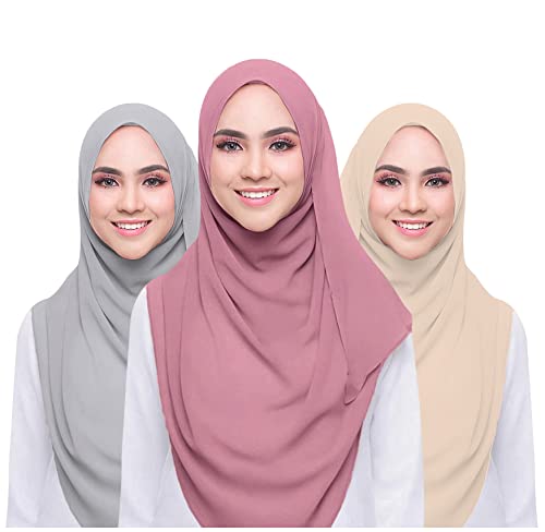QYMY 3PCS Women Soft Chiffon Scarves Solid Color Hijab Muslim Head Scarf Long Scarf Wrap Scarves chiffon Scarf (Beige+Grey+Red bean powder)