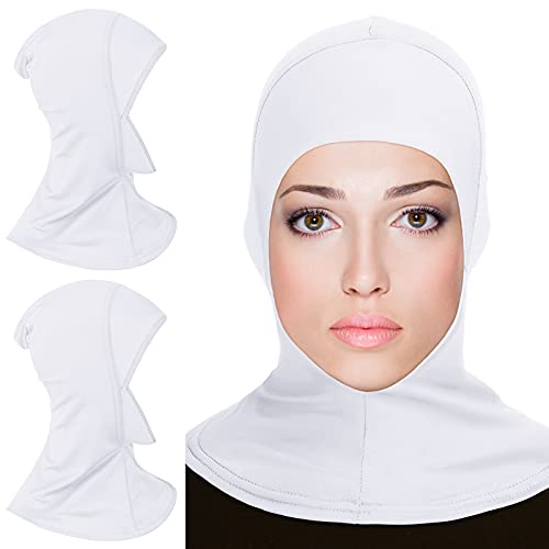 2 Pieces Modal Hijab Cap Adjustable Muslim Stretchy Turban Full Cover Shawl Cap Full Neck Coverage for Lady (White)