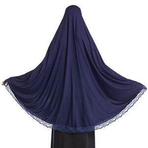 khalat Women's Elegant Hijab Lace Trim Muslim Islamic Ramadan Soft Lightweight Hijab Long Scarf Blue