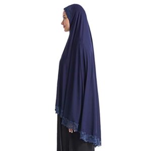 khalat Women's Elegant Hijab Lace Trim Muslim Islamic Ramadan Soft Lightweight Hijab Long Scarf Blue