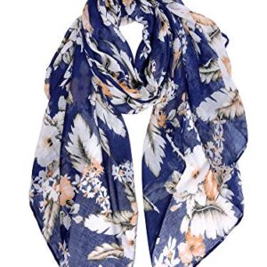 GERINLY Elegant Flower Print Scarf Feminine Shawl Wraps for Lady Professional Scarf Rectangle Hijab Face Cover (Navy)