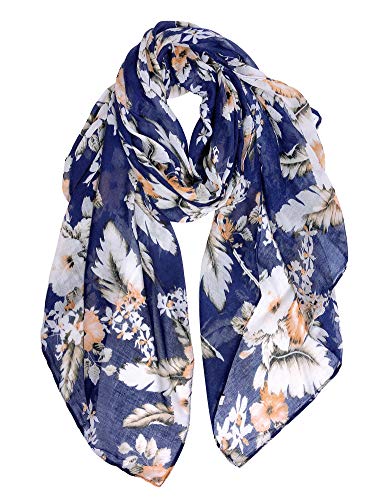 GERINLY Elegant Flower Print Scarf Feminine Shawl Wraps for Lady Professional Scarf Rectangle Hijab Face Cover (Navy)