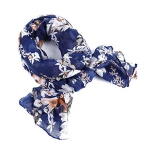 GERINLY Elegant Flower Print Scarf Feminine Shawl Wraps for Lady Professional Scarf Rectangle Hijab Face Cover (Navy)