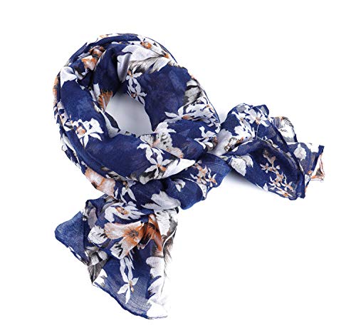 GERINLY Elegant Flower Print Scarf Feminine Shawl Wraps for Lady Professional Scarf Rectangle Hijab Face Cover (Navy)