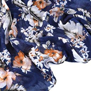 GERINLY Elegant Flower Print Scarf Feminine Shawl Wraps for Lady Professional Scarf Rectangle Hijab Face Cover (Navy)