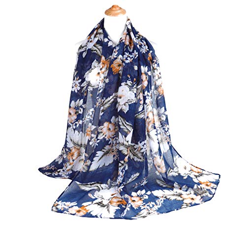 GERINLY Elegant Flower Print Scarf Feminine Shawl Wraps for Lady Professional Scarf Rectangle Hijab Face Cover (Navy)