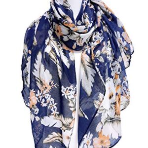 GERINLY Elegant Flower Print Scarf Feminine Shawl Wraps for Lady Professional Scarf Rectangle Hijab Face Cover (Navy)