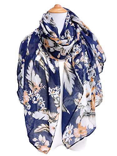 GERINLY Elegant Flower Print Scarf Feminine Shawl Wraps for Lady Professional Scarf Rectangle Hijab Face Cover (Navy)