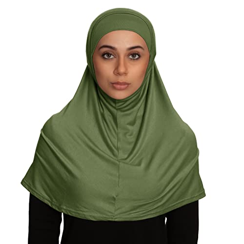 TheHijabStore.com Women's 2 Piece Amira Jersey Hijab - Soft Modal Stretch Head Scarf with Tube Under Scarf Cap Olive Green