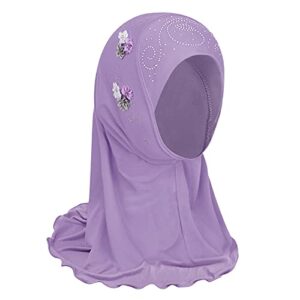 Ylucky Muslim Hijab Head Scarf Ice Silk Headwear Floral Kids Amira Hijab Islamic Head Wrap for Age 2-6 Years Girls (purple (6 flowers))