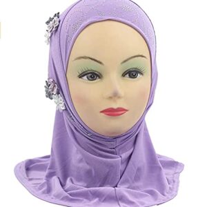 Ylucky Muslim Hijab Head Scarf Ice Silk Headwear Floral Kids Amira Hijab Islamic Head Wrap for Age 2-6 Years Girls (purple (6 flowers))