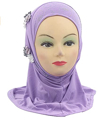 Ylucky Muslim Hijab Head Scarf Ice Silk Headwear Floral Kids Amira Hijab Islamic Head Wrap for Age 2-6 Years Girls (purple (6 flowers))