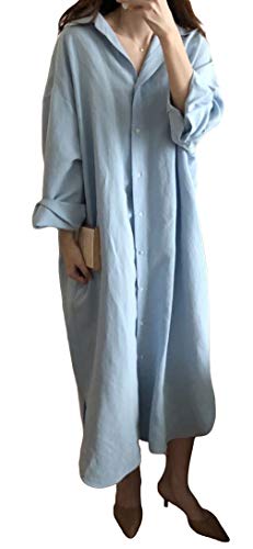 GGUHHU Womens Chic Button Down Rolled-Up Sleeve Long Cotton Blouse Maxi Dress (Medium, Light Blue)