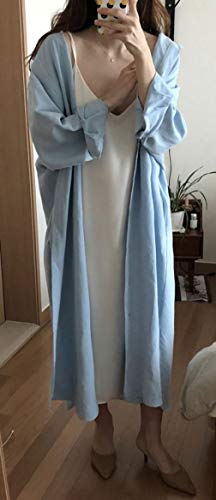 GGUHHU Womens Chic Button Down Rolled-Up Sleeve Long Cotton Blouse Maxi Dress (Medium, Light Blue)