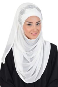 aisha’s design chiffon hijab shawl for women muslim, turban scarf with lace accessories, off-white-silver