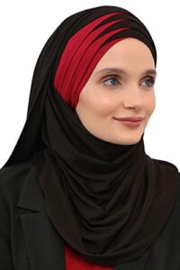 aisha’s design hijab muslim scarves for women,0 cotton presewn jersey shawl turban, 2-color, black – dark red