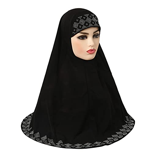 ZGMYC Women Shiny Rhinestones Muslim Hijab Elegant Long Turban Cap Head Wrap Scarf, Black