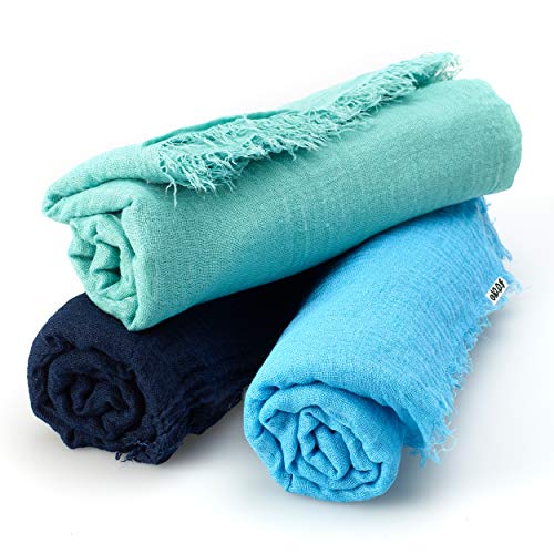 3 PCS Elaaf Cotton Hemp Wrap Shawl Hijab Soft Cotton Scarf Women Hijabs Cotton Headscarfs (Navy Blue, Turquoise, Light Green)