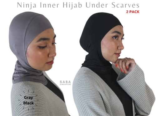 Ninja Bonnet Hijab Full Neck Coverage Under Scarf - Muslimah Stretchy Jersey Head Scarf Bonnet Accessories [Workout wear daily essentials] 1 Black + 1 Gray (SABANJ9501)