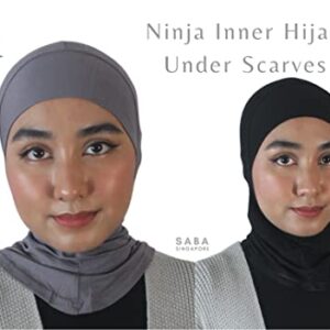 Ninja Bonnet Hijab Full Neck Coverage Under Scarf - Muslimah Stretchy Jersey Head Scarf Bonnet Accessories [Workout wear daily essentials] 1 Black + 1 Gray (SABANJ9501)