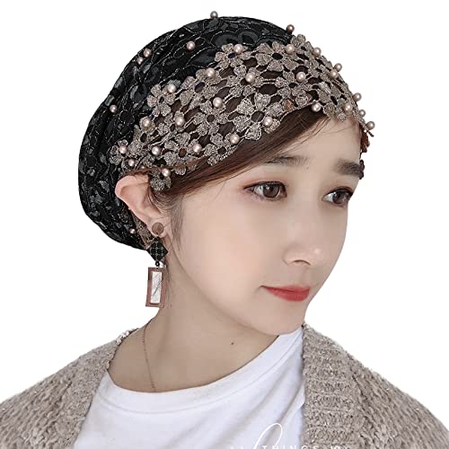 NICEYST Women Turban Hat Cancer Chemo Beanie Cap Headscarf Lace Embroidery Floral Beaded Islamic Muslim Hijab Head Wraps Black, One Size