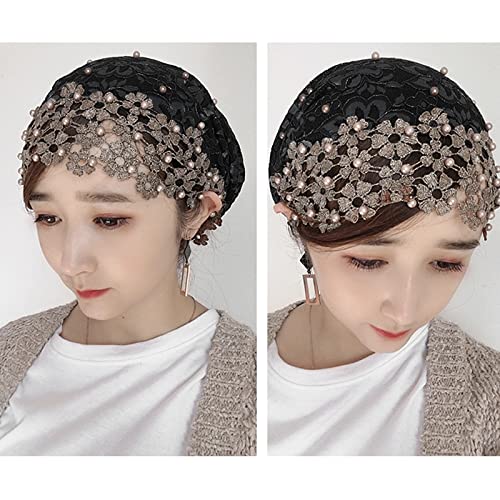 NICEYST Women Turban Hat Cancer Chemo Beanie Cap Headscarf Lace Embroidery Floral Beaded Islamic Muslim Hijab Head Wraps Black, One Size