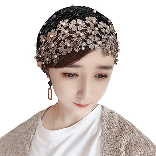 NICEYST Women Turban Hat Cancer Chemo Beanie Cap Headscarf Lace Embroidery Floral Beaded Islamic Muslim Hijab Head Wraps Black, One Size