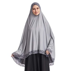 khalat Women's Elegant Hijab Lace Trim Muslim Islamic Ramadan Soft Lightweight Hijab Long Scarf Grey