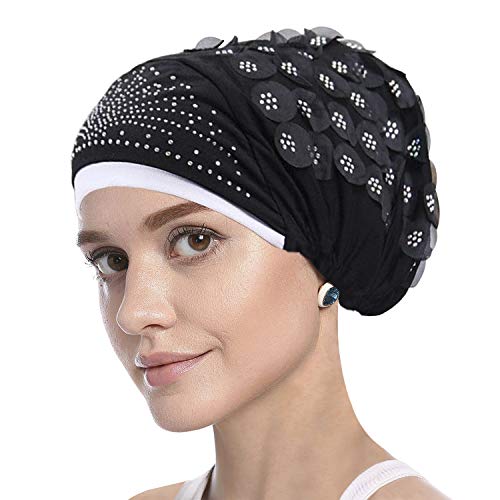 RONGXG Women Floral Headscarf Caps Muslim Hijab Turban Caps Hair Loss Cover Scarf Hijabs Head Wrap Cap Strench Bandana Hat, Black