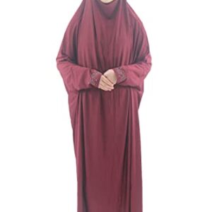 Cogongrass Women's One-Piece Prayer Dress Prayer Garment Abaya Jellaba Islamic Clothing Hijab for Hajj Umrah Wine Red