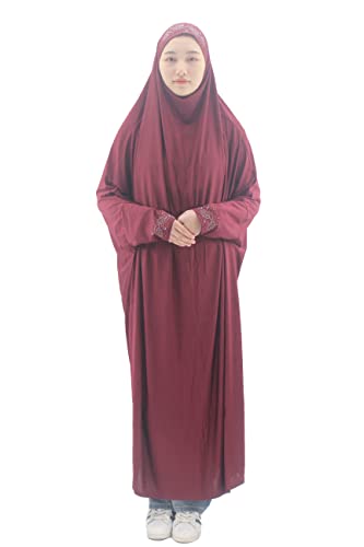 Cogongrass Women's One-Piece Prayer Dress Prayer Garment Abaya Jellaba Islamic Clothing Hijab for Hajj Umrah Wine Red