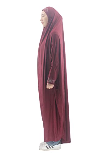 Cogongrass Women's One-Piece Prayer Dress Prayer Garment Abaya Jellaba Islamic Clothing Hijab for Hajj Umrah Wine Red