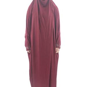 Cogongrass Women's One-Piece Prayer Dress Prayer Garment Abaya Jellaba Islamic Clothing Hijab for Hajj Umrah Wine Red