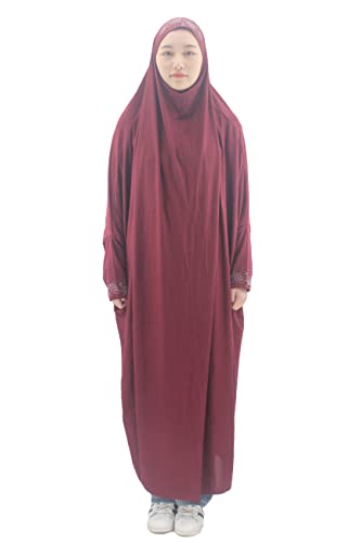 Cogongrass Women's One-Piece Prayer Dress Prayer Garment Abaya Jellaba Islamic Clothing Hijab for Hajj Umrah Wine Red