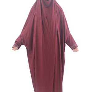 Cogongrass Women's One-Piece Prayer Dress Prayer Garment Abaya Jellaba Islamic Clothing Hijab for Hajj Umrah Wine Red