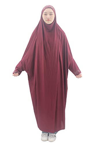 Cogongrass Women's One-Piece Prayer Dress Prayer Garment Abaya Jellaba Islamic Clothing Hijab for Hajj Umrah Wine Red