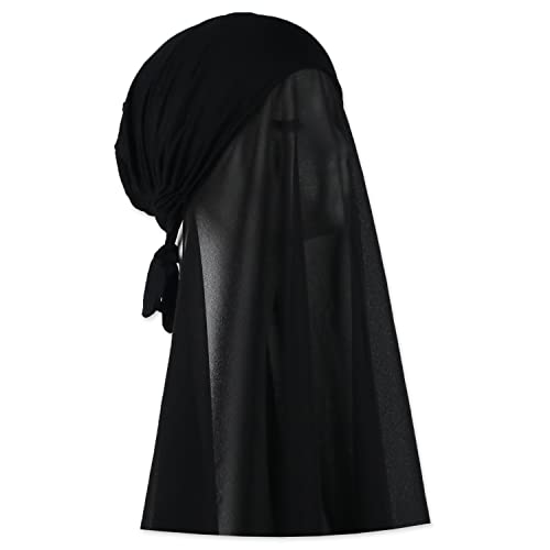 Muslim Women Instant Chiffon Hijab with Tie Back Under cap Fashion Solid Color Soft Chiffon Scarf With Hijab Inner Cap (Black)