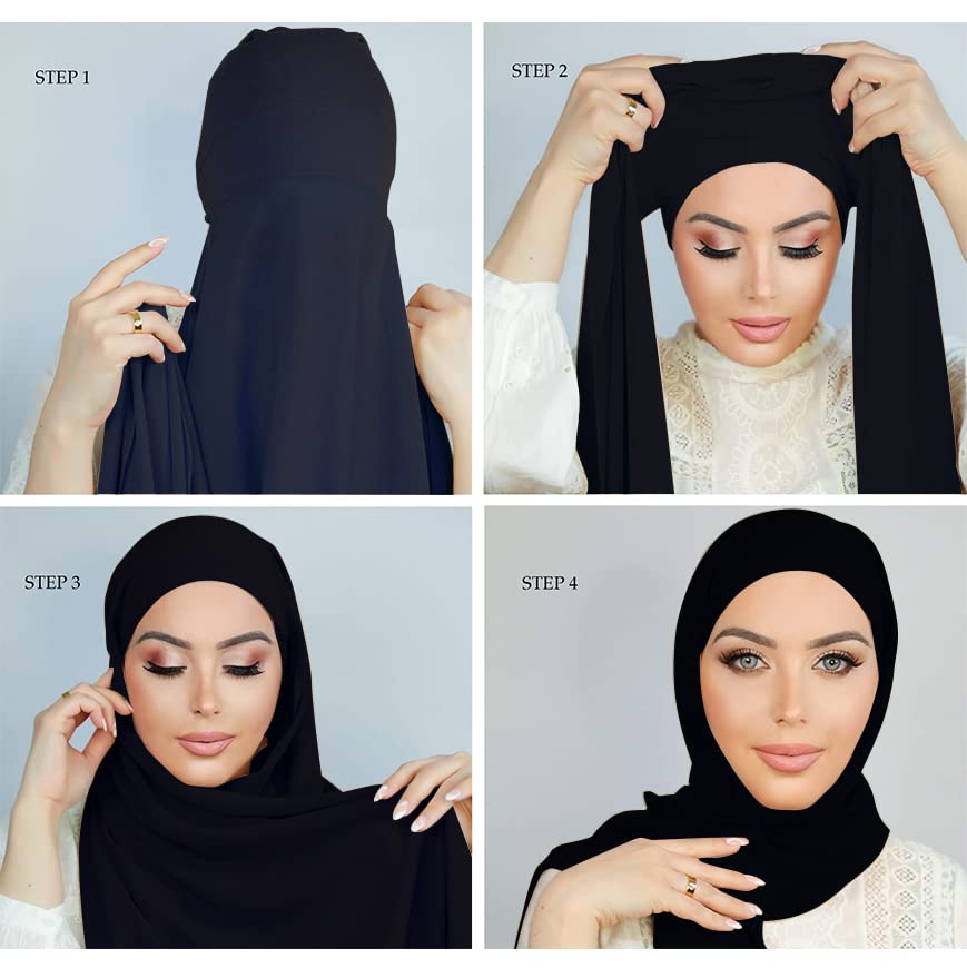 Muslim Women Instant Chiffon Hijab with Tie Back Under cap Fashion Solid Color Soft Chiffon Scarf With Hijab Inner Cap (Black)