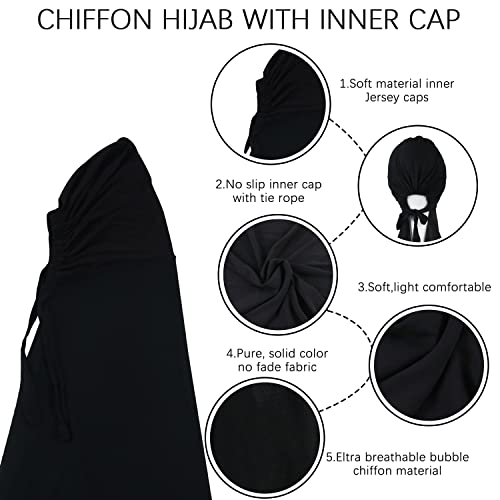 Muslim Women Instant Chiffon Hijab with Tie Back Under cap Fashion Solid Color Soft Chiffon Scarf With Hijab Inner Cap (Black)