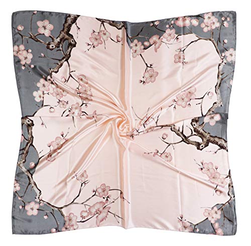 vabovin Elegant 35" Women's Satin Square Silk Feeling Large Neckerchief Fashion Accessory (Pale Pink Plum Blossom)