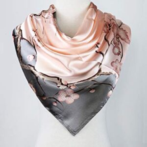 vabovin Elegant 35" Women's Satin Square Silk Feeling Large Neckerchief Fashion Accessory (Pale Pink Plum Blossom)