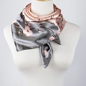 vabovin Elegant 35" Women's Satin Square Silk Feeling Large Neckerchief Fashion Accessory (Pale Pink Plum Blossom)